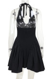 Elegant Solid Color Patchwork Backless Strap Design A Line Dresses