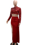 Sexy Solid Color Sequins Patchwork High Slit O Neck Long Sleeve Two Pieces
