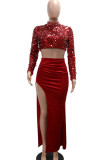 Sexy Solid Color Sequins Patchwork High Slit O Neck Long Sleeve Two Pieces