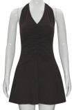 Elegant Solid Color Patchwork Backless Ruched Halter Dresses