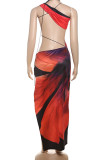Sexy Print Hollow Out Patchwork Asymmetrical Collar Irregular Dresses