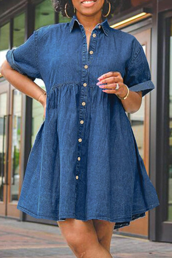 Casual Solid Color Buckle Patchwork Turndown Collar Ball Gown Plus Size Dresses