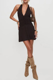 Elegant Solid Color Patchwork Backless Ruched Halter Dresses