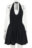 Elegant Solid Color Patchwork Backless Strap Design A Line Dresses