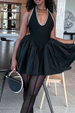 Elegant Solid Color Patchwork Backless Strap Design A Line Dresses