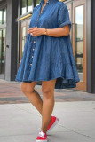 Casual Solid Color Buckle Patchwork Turndown Collar Ball Gown Plus Size Dresses