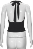 Sexy Solid Color Patchwork Backless Strap Design Halter Tops