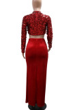 Sexy Solid Color Sequins Patchwork High Slit O Neck Long Sleeve Two Pieces
