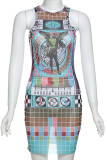 Sexy Print Patchwork O Neck Wrapped Skirt Dresses