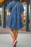Casual Solid Color Buckle Patchwork Turndown Collar Ball Gown Plus Size Dresses