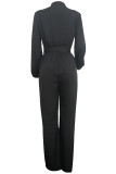 Casual Solid Color Pocket Buckle Patchwork Strap Design Turndown Collar Regular Jumpsuits