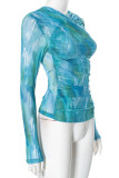 Casual Print Patchwork Ruched O Neck Tops