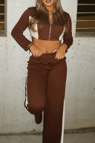 Casual Patchwork Zipper Contrast Zipper Collar Long Sleeve Two Pieces