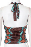 Casual Print Patchwork Backless Halter Tops