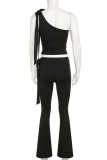 Casual Solid Color Hollow Out Patchwork Backless Oblique Collar Two Pieces