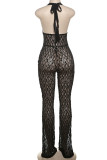 Sexy Solid Color Lace Patchwork See-Through V Neck Regular Jumpsuits