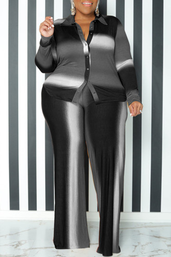 Casual Gradient Color Buckle Patchwork Turndown Collar Plus Size Two Pieces