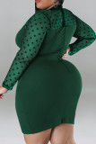 Casual Polka Dot Patchwork See-Through Zipper O Neck Wrapped Skirt Plus Size Dresses