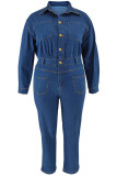 Casual Solid Color Pocket Buckle Patchwork Turndown Collar Plus Size Jumpsuits