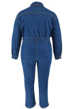 Casual Solid Color Pocket Buckle Patchwork Turndown Collar Plus Size Jumpsuits