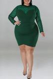 Casual Polka Dot Patchwork See-Through Zipper O Neck Wrapped Skirt Plus Size Dresses