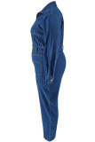 Casual Solid Color Pocket Buckle Patchwork Turndown Collar Plus Size Jumpsuits