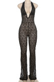 Sexy Solid Color Lace Patchwork See-Through V Neck Regular Jumpsuits