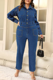 Casual Solid Color Pocket Buckle Patchwork Turndown Collar Plus Size Jumpsuits