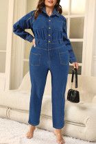 Casual Solid Color Pocket Buckle Patchwork Turndown Collar Plus Size Jumpsuits