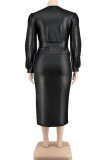 Casual Solid Color Patchwork Strap Design V Neck Plus Size Two Pieces