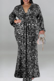Casual Print Patchwork V Neck Long Plus Size Dresses