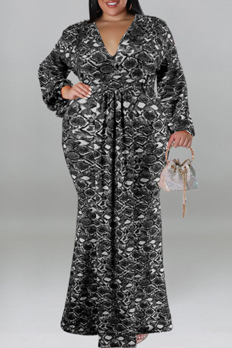 Casual Print Patchwork V Neck Long Plus Size Dresses
