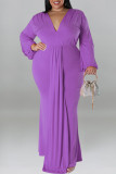 Casual Solid Color Patchwork Ruched V Neck Long Plus Size Dresses