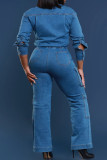 Casual Solid Color Pocket Buckle Patchwork Turndown Collar Long Sleeve Regular Denim Jumpsuits