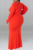 Casual Solid Color Patchwork Ruched V Neck Long Plus Size Dresses