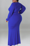 Casual Solid Color Patchwork Ruched V Neck Long Plus Size Dresses