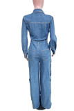 Casual Solid Color Pocket Buckle Patchwork Turndown Collar Long Sleeve Regular Denim Jumpsuits