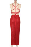 Sexy Solid Color Sequins Patchwork Backless High Slit Spaghetti Strap Two Pieces