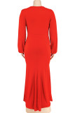Casual Solid Color Patchwork Ruched V Neck Long Plus Size Dresses