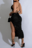 Sexy Solid Color Sequins Patchwork Backless High Slit Spaghetti Strap Two Pieces