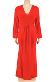 Casual Solid Color Patchwork Ruched V Neck Long Plus Size Dresses