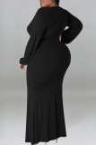 Casual Solid Color Patchwork Ruched V Neck Long Plus Size Dresses