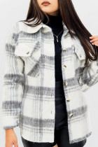 Casual Plaid Pocket Buckle Patchwork Boat Neck Outerwear