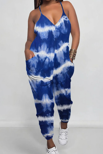Casual Tie Dye Pocket Patchwork Spaghetti Strap Plus Size Jumpsuits