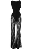 Sexy Solid Color Lace Hollow Out Patchwork See-Through O Neck Regular Jumpsuits