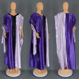Casual Patchwork Sequins Contrast V Neck Long Plus Size Dresses