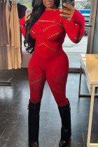 Sexy Solid Color Hollow Out Patchwork O Neck Skinny Jumpsuits