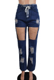 Sexy Casual Solid Color Ripped Hollow Out Pocket Chains Skinny Mid Waist Patchwork Bottoms