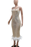 Elegant Sequins Patchwork Feather Hemline Asymmetrical Collar Evening Dresses