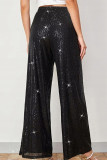 Casual Solid Color Sequins Patchwork Loose Mid Waist Wide Leg Patchwork Bottoms